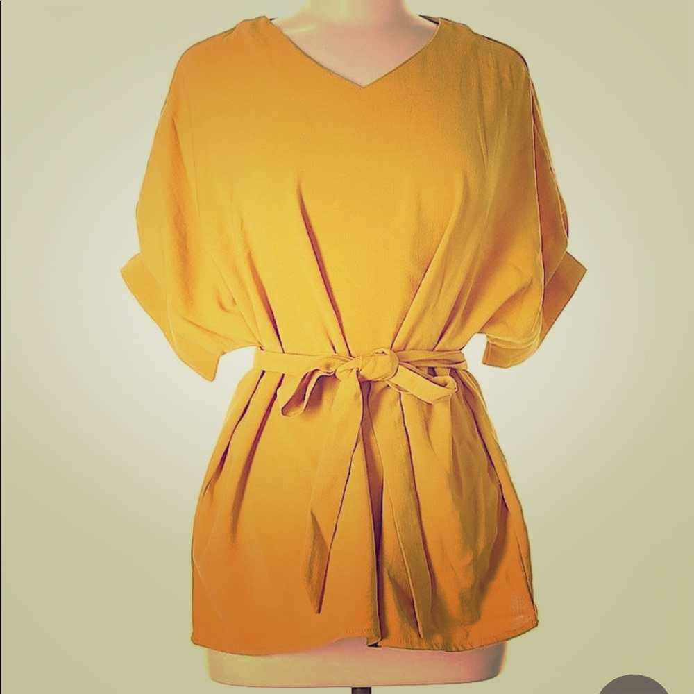 Yellow linen tunic/blouse with tie waist